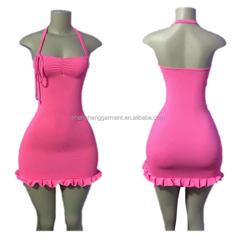 

2021 Fashion Design Hot Ruched Halter Butterfly Pink Plus Size Off-shoulder Sexy Club Mini Bodycon Dress Women