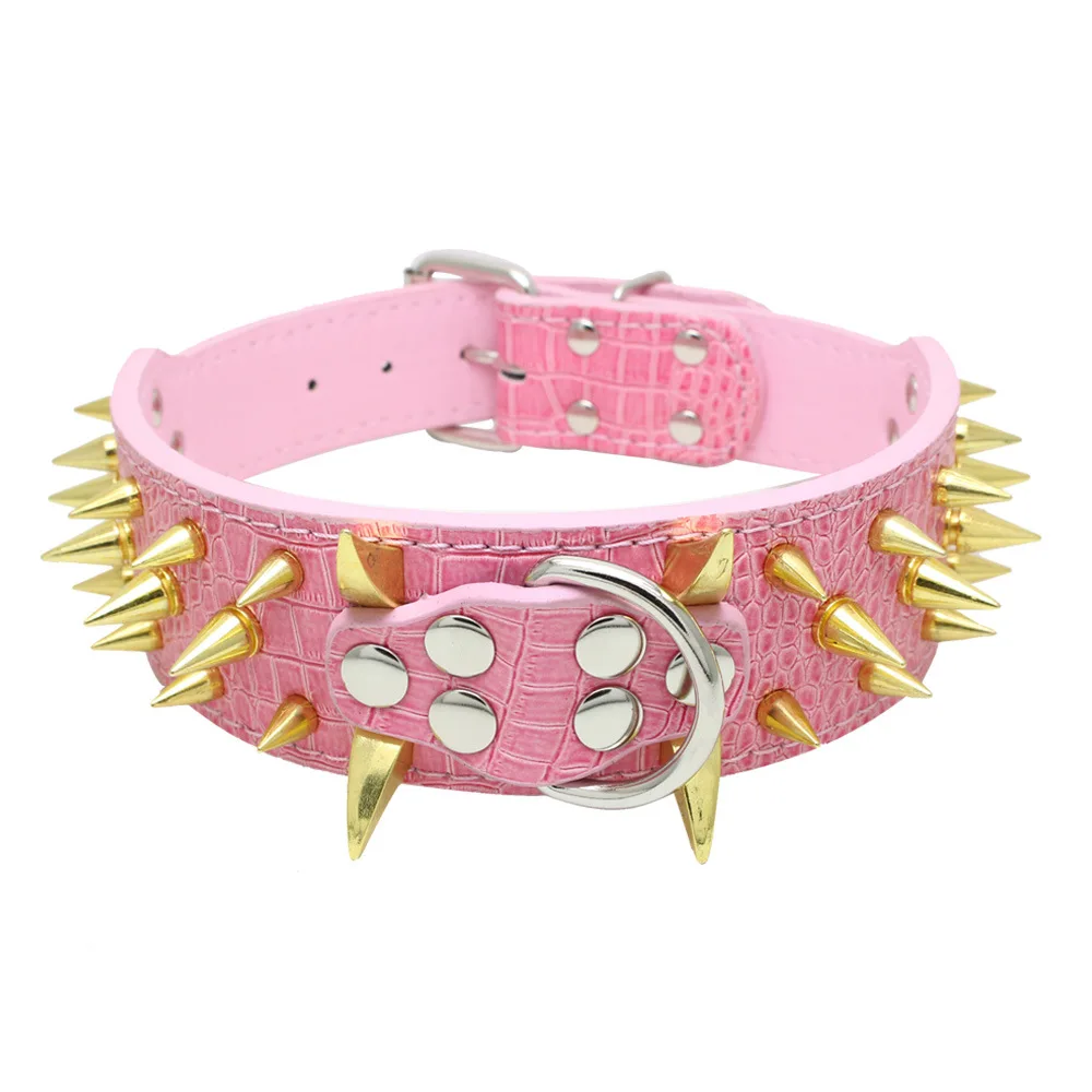 

Fashion Design High Quality Wild Leopard And Crocodile PU Dog Collars With Rivets Thickened Pet PU Collars, Color in stocks
