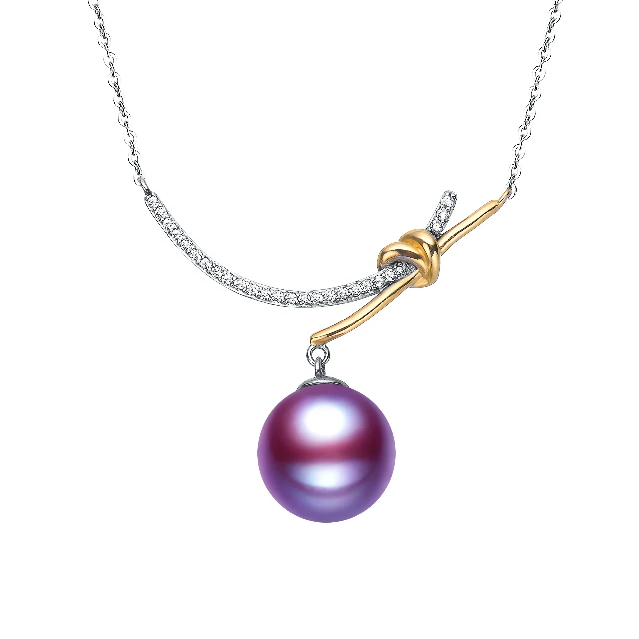 

Purple Freshwater  Pearls Silver Necklace Irregular Gold Knotted Accessory On Chain For MOM, White