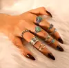 10 Pcs/sets New Arrival Vintage Silver Color Finger Rings For Women Men Carving Flowers Hard Crystal Stone Jewelry