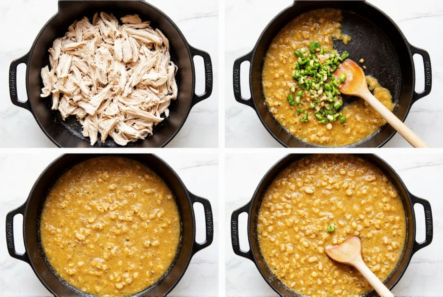 Step-by-step preparation of white chicken chili with shredded chicken, white beans, and green chilies in a cast iron pot