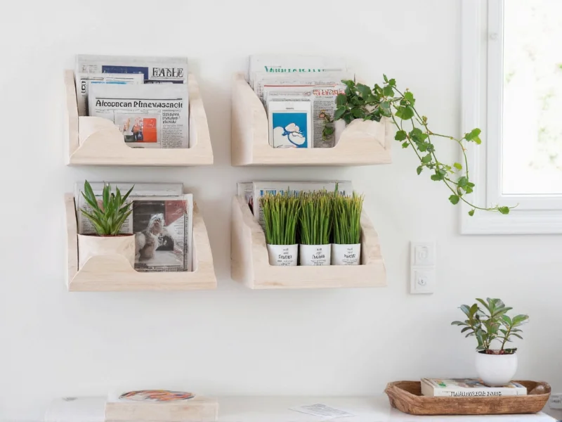 Modular newspaper shelves holding plants and books