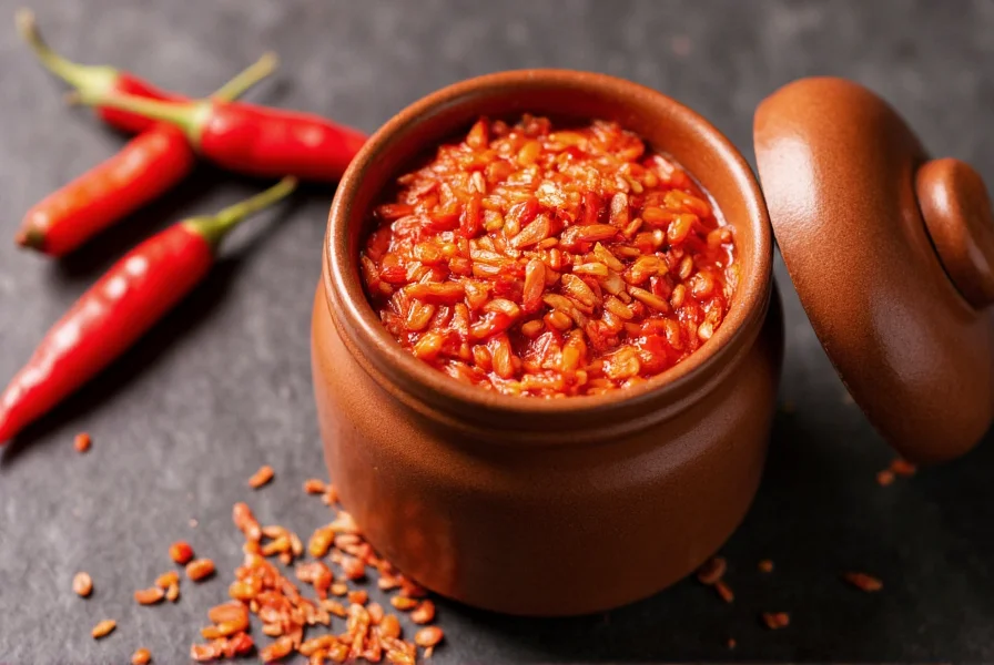 Traditional Korean gochujang in ceramic jar with red pepper flakes and rice