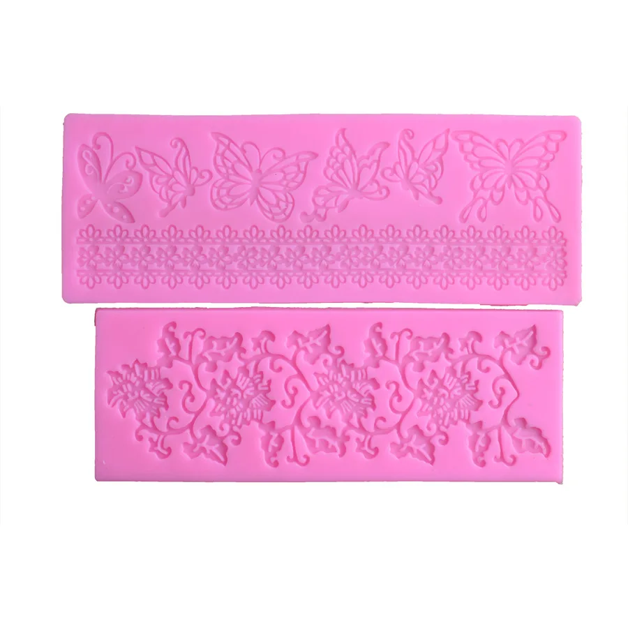 

2 types silicone molds butterfly flower border lace fondant DIY chocolate cake edge decoration cookie mold baking tool, As picture