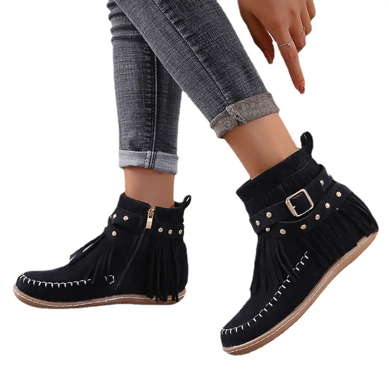 

Amazon Hot Selling Ladies Tassel Boots Solid Color Round Head Rivet Belt Buckle Flat Ladies Ankle Boots