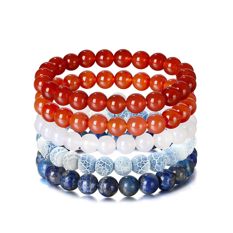

RINNTIN GMB44 Natural Red Agate White Agate Blue Weathered Agate Lapis Lazuli Stone Beads 7.5 Inch Stretch Bracelet