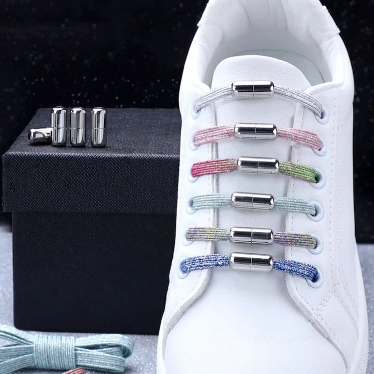 

Factory Wholesale 24 Colors New Flat Glitter Metallic Starry Elastic Locking Shoelaces With Metal Screw Capsule Lock System, 24 colors available