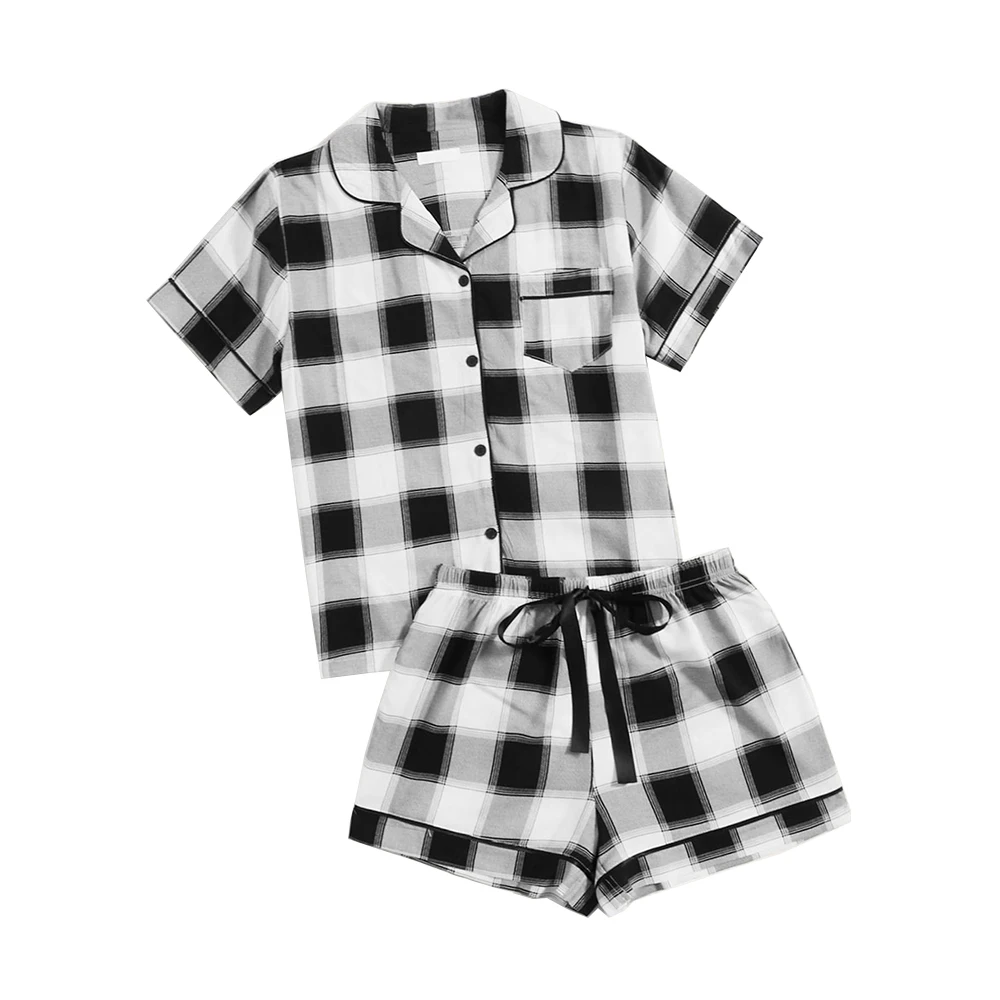 

2021 summer black and white plaid shirt and shorts casual sleepwear pjs lounge wear clothing 2 pc short set outfits for women