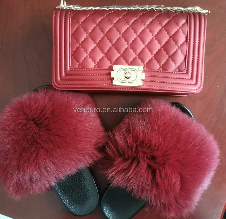 

2020 new wholesale women Rainbow color Solid color two piece set customized color jelly purses with matching real fox fur slides
