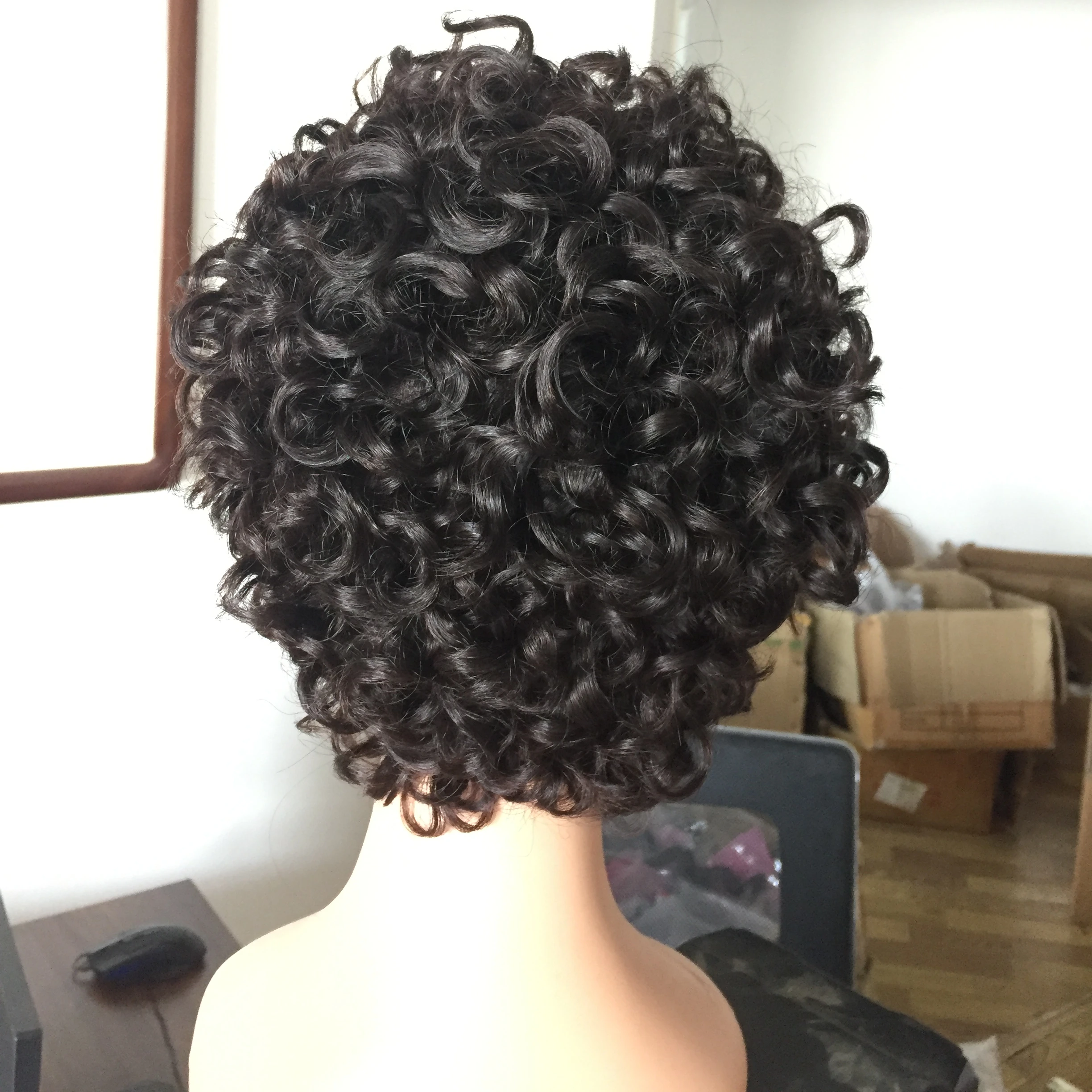 

100% wholesale virgin brazilian hair vendors raw human hair wigs hot product short pixie cut curly machine made human hair wig, Natural color 1b