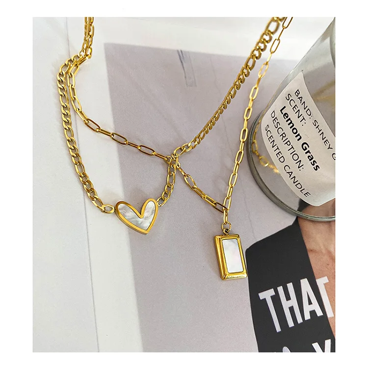

2 Designs Stainless Steel Natural Shell Love Heart Necklace Rectangle Paperclip Figaro Chain Pendant Necklaces Korean Jewelry, Gold