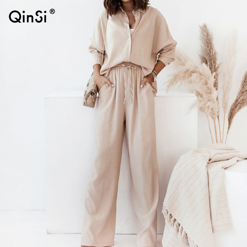 

QINSI Long Sleeved Shirts and Wide Legged Pants Two Piece Sets Women Outfits Casual Sleepwear 2023 Women's Pajamas Set