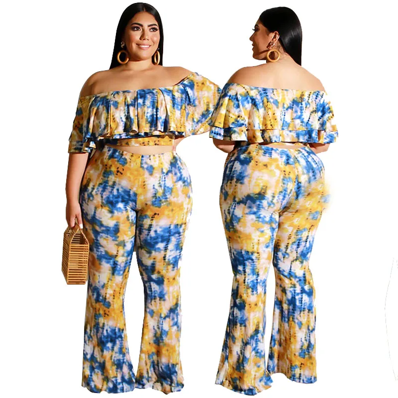 

New Arrival Short Sleeve off-the-shoulder Plus Size Floral Loose long pants Plus Size Women's clothes set, Green,blue