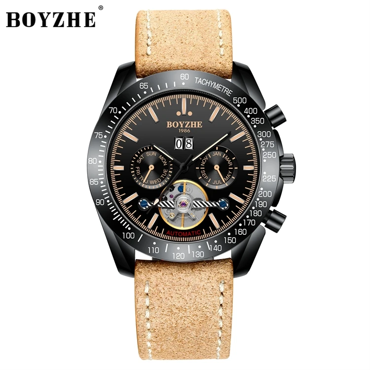 

BOYZHE Premium Black Dial Luminous Tourbillon Automatic Mechanical Man Automatic Moonphase Watch