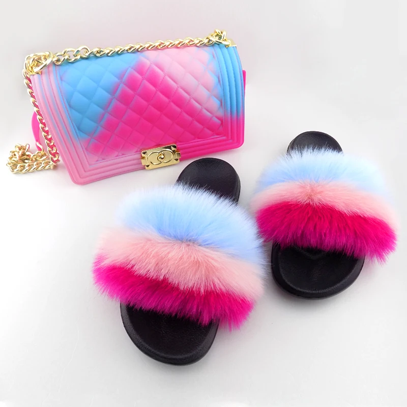 

wholesale rainbow faux fox sandals slides furry fluffy women fur slippers with jelly purses set, 7 colors
