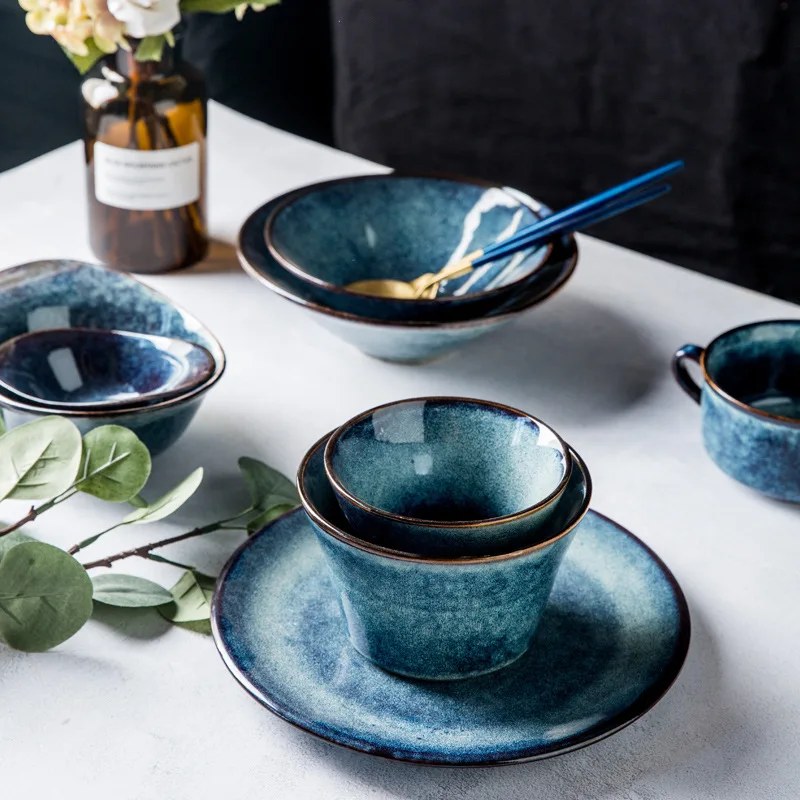 

nordic ceramic blue elegant luxury dinner plate set wholesale porcelain vintage custom irregular dining plates sale dinnerware, White color