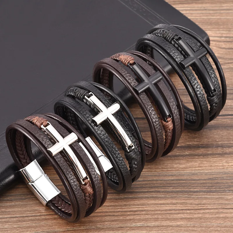 

Wholesale Multilayer Braided Leather Bracelet With Magnetic Clasp Charm Cross Leather Bracelet Bangle For Men Jewelry