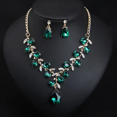 

Dark Green Crystal Ladies Jewelry Sets Statement Leaf Shape Big Diamond Bridal Jewelry Set for Wedding, As picture shows