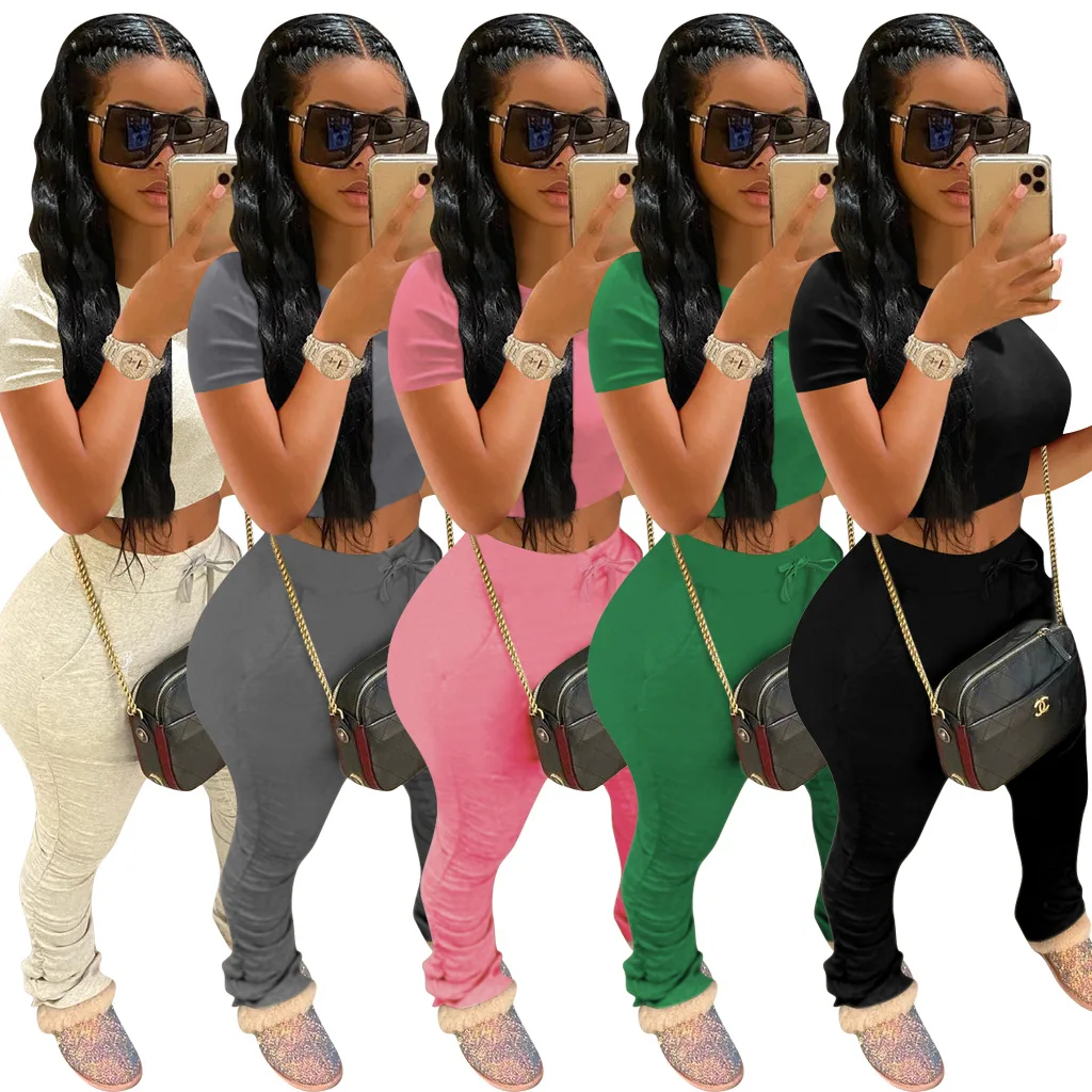 

2020 Hot Sale Solid Top And Pants Outfits Two Piece Shorts Set Women Clothing Cotton Stacked Sweat Pants