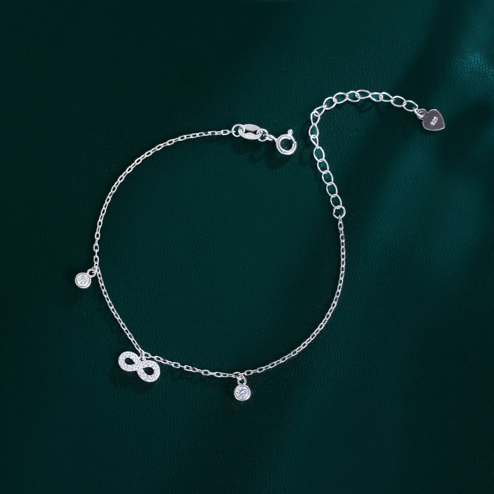 Hypoallergenic Women's Party Jewelry S925 Sterling Silver Infinity Symbol Thick Chain Link Bracelet with White Zircon Stones