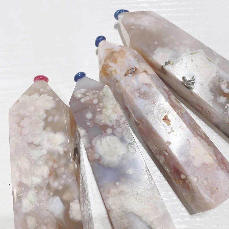 

Wholesale Natural Pink Flower Agate Tower Crystal Point Healing Stone Crystal Tower For Decoration