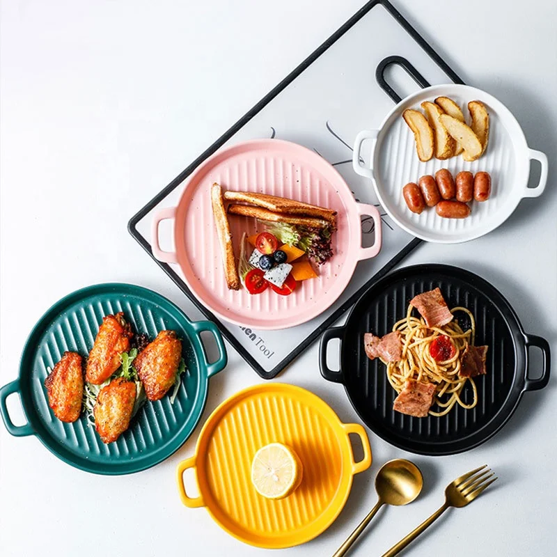 

Nordic Binaural Bakeware Porcelain Dinner Plate Set Pizza Sushi Dinnerware Oven Ceramic Baking Dishes & Pans, Yellow/black/green/pink/white