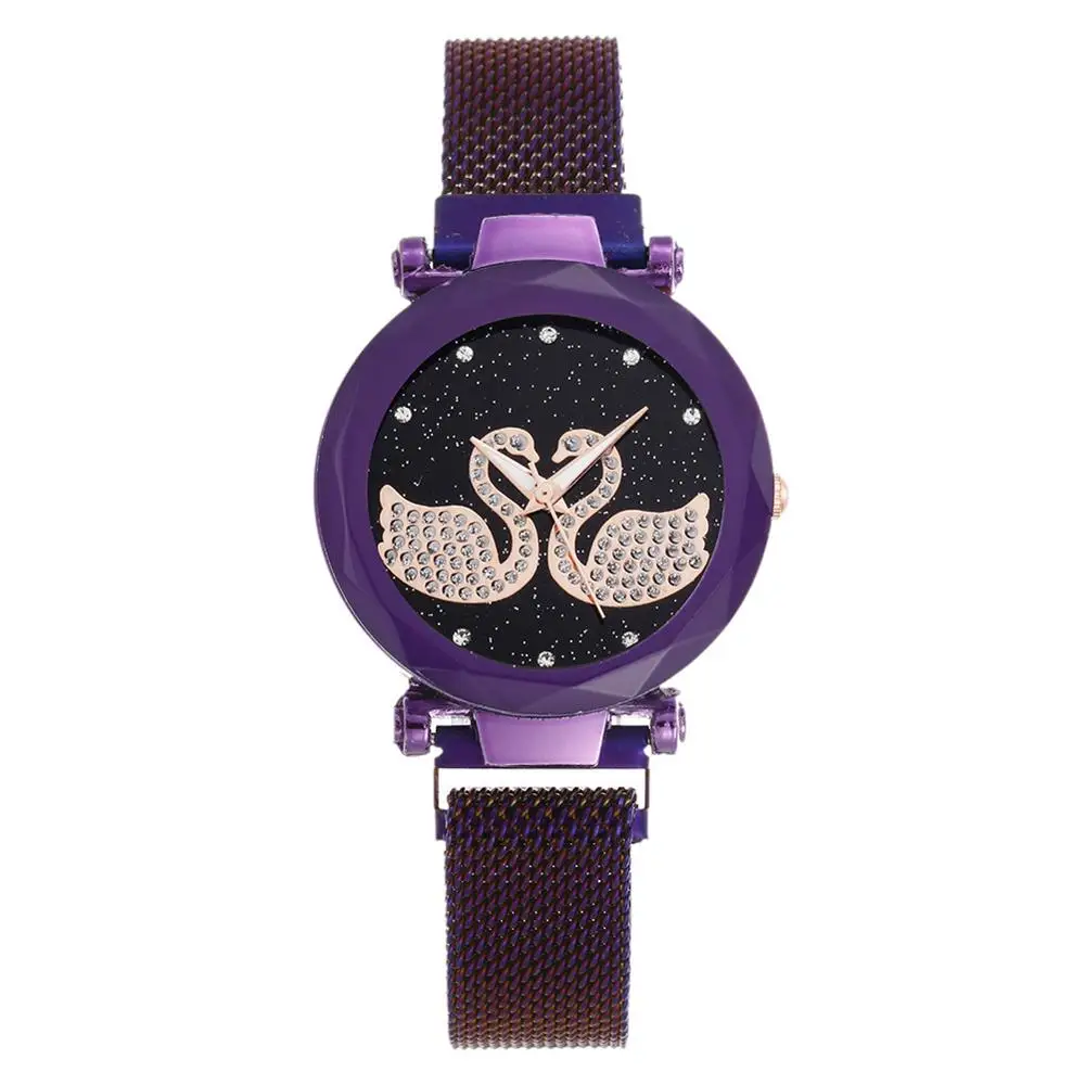 

4046 Hot Selling Women Magnet Buckle Starry Sky Swan Watch Luxury Ladies Stainless Steel Quartz Watch Clock Relogio Feminino, 6 color as photo