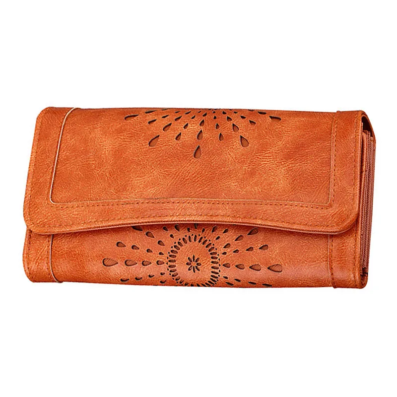 

Retro Long PU Leather Hollow Summer New Fashion Simple Casual Three Fold Coin Purse Clutch Wallet Wallet