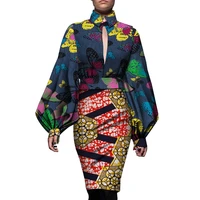 

WY5088 New African Clothes Wholesale Spring Autumn Skirt Set for Women Loose Lantern Long Sleeve Print Top Knee Party Skirt Set