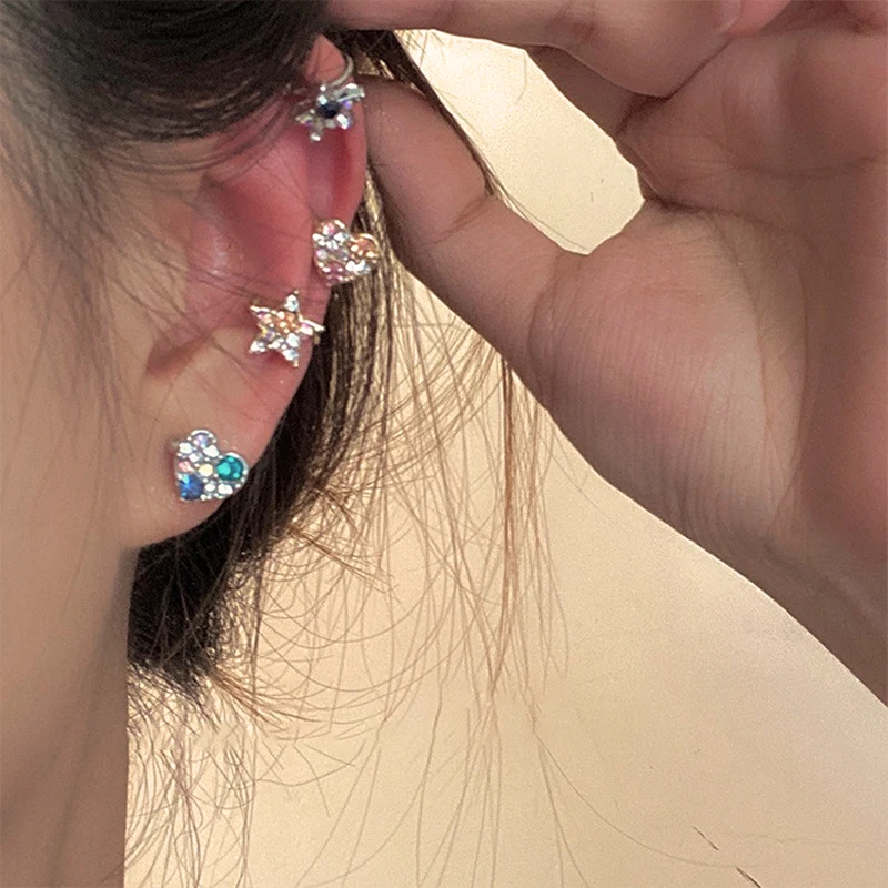 

Vershal F-69 Korean Trendy Silver Plated Inset Diamond Star Heart Clip-on Earrings Set For Women