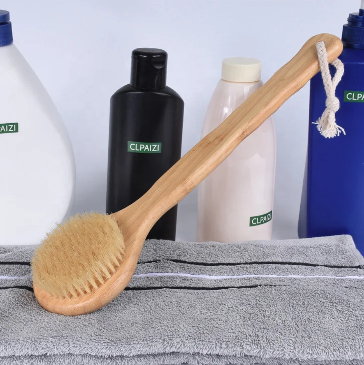

Popular Long Handle Natural Bamboo Wooden Body Cleaning Soft Brush Shower Bath Brush Dry Body Brush