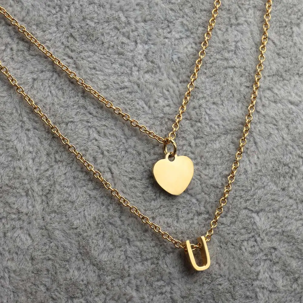 

Gold Pated Stainless Steel Layered Personalized Initial Letter Heart Choker Necklace for Women