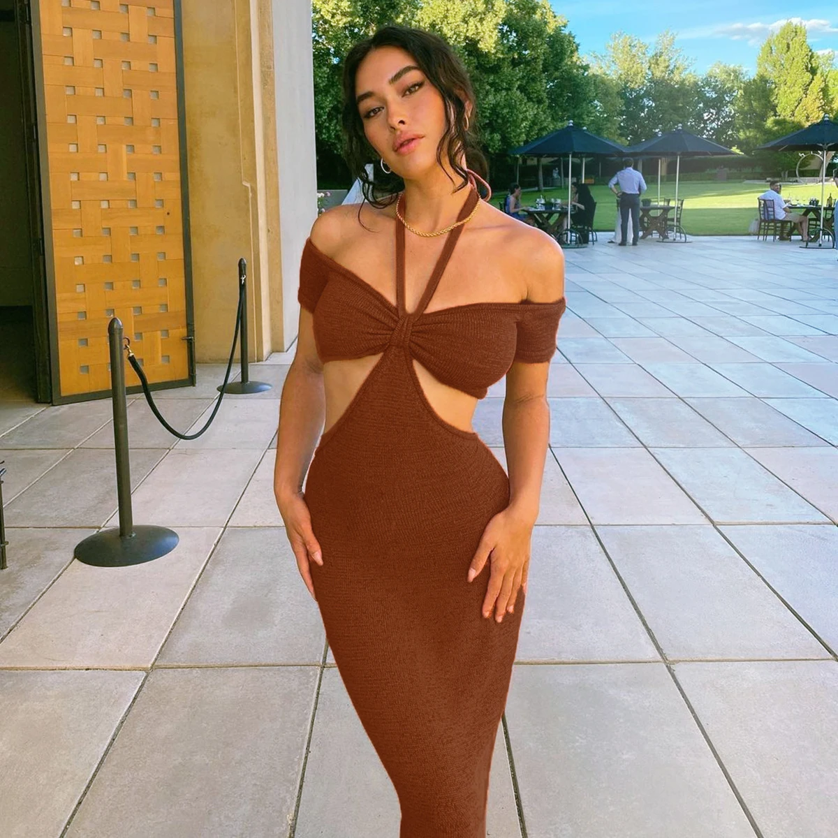 

short sleeve off shoulder halter midi woman fall dress 2021