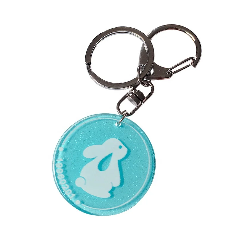 

Wholesale Fashion Acrylic Keychain Cute Blue Bling Bling Disc Easter Bunny Printed Keychain