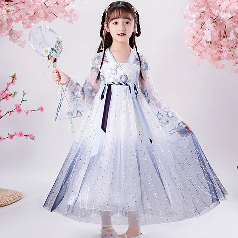 

embroidery ancient costume Hanfu gradient Sequin kids party dress uper fairy yarn girls birthday dress for 10 years girl dresses