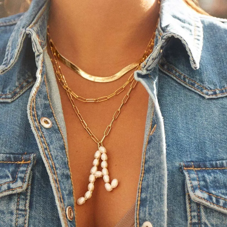 

Zooying 2021fashion popular 14k Gold Cuban Link Chain Pearl Initial Pendant Necklace For Women, White