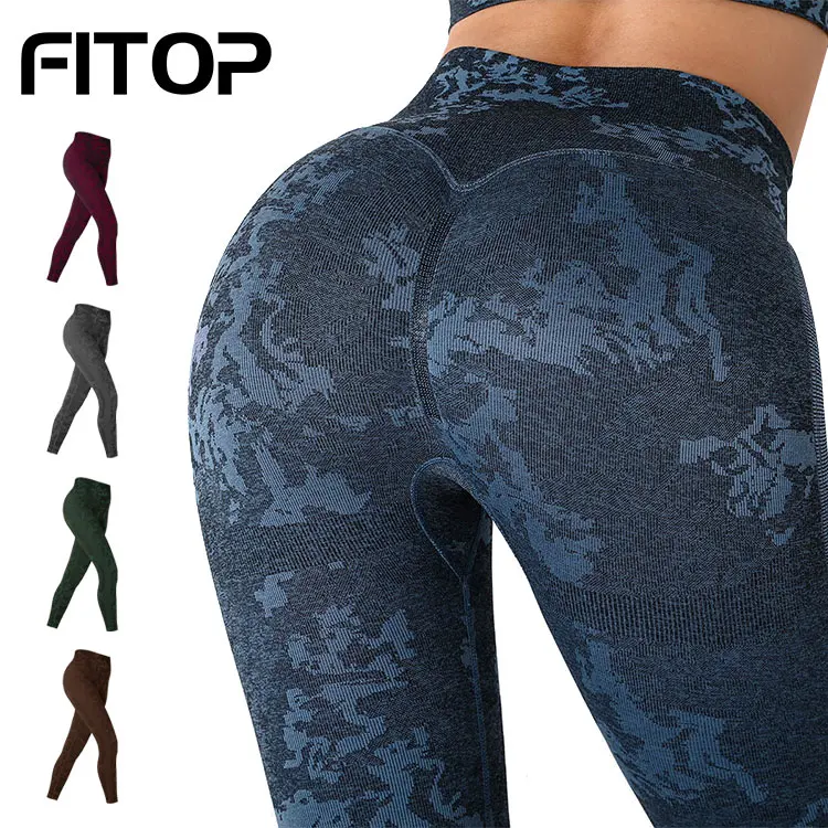 

Womens Seamless Camouflage Activewear Leggings Tights High Waist Yoga Pants, Gray, burgundy, army green, blue, natural yellow