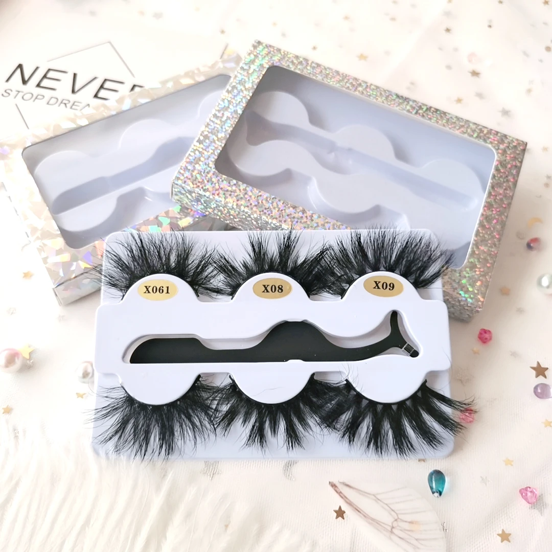 

Private label custom logo 3 pairs pack full strip eyelashes 3D 5D 25mm dramatic long 100% real mink lashes with tweezer