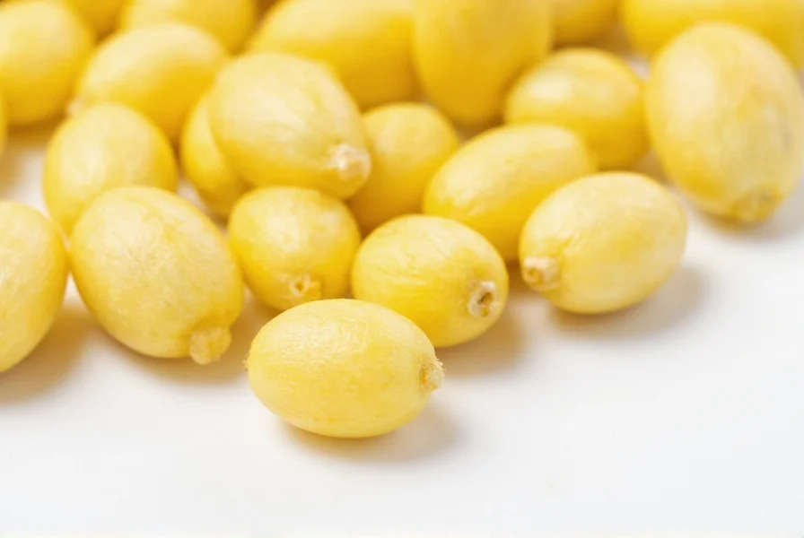 Close-up macro photography of yellow mustard seeds on white background showing their spherical shape and pale yellow color, 1mm scale reference included