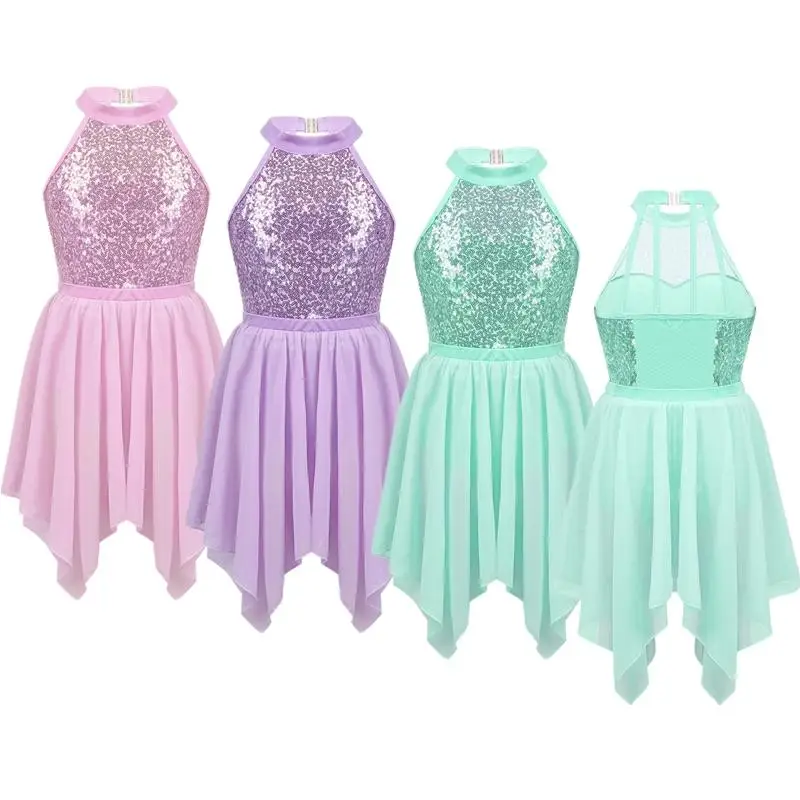 

Fashion Girls Halter Neck Sequined Ballet Tutu Dress Gymnastics Dance Leotard With Skirt