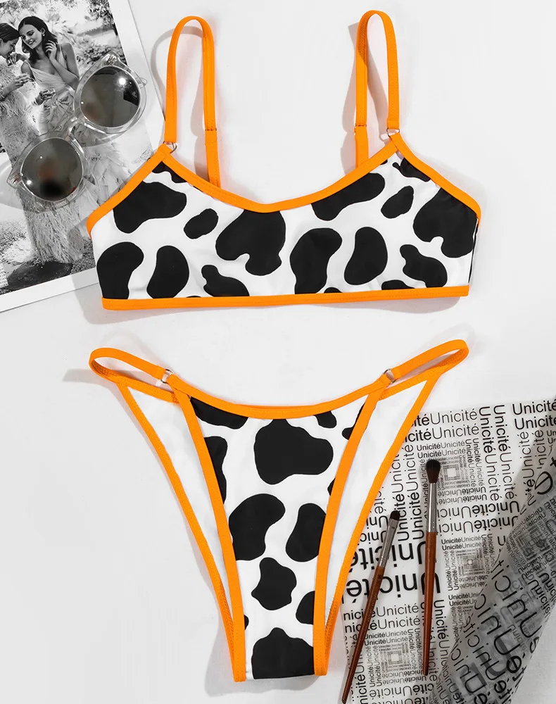 Women Sexy Milk Cow Print Thong Bikini High Leg Custom Bathing Suit 