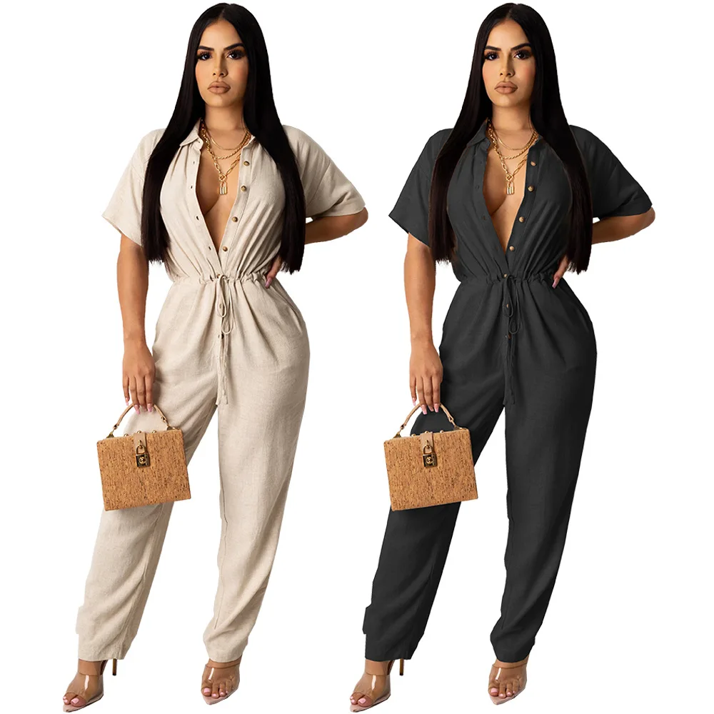 

Women Sexy Deep V Jumpsuit 2021 Fashion Solid Color Bodysuit For Lady Casual One Piece Jumpsuits And Rompers