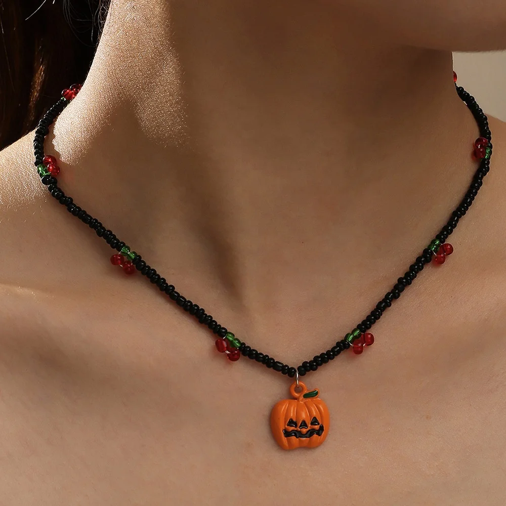 

2021 Halloween Jewelry Creative Black Rice Beads Necklace Women Pumpkin Pendant, As pictures