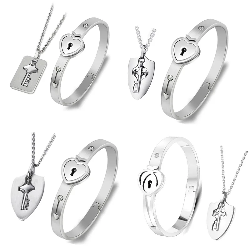 

Stainless Steel Necklace Set Jewelry Women Necklace And Bracelet Projection Lovers Bracelet Couple Lock Necklaces Bracelets Sets