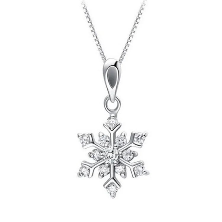 

925 Sterling Silver Plated Crystal Cubic Zirconia Snowflake Snow Flower Pendant Necklace, Silver, gold