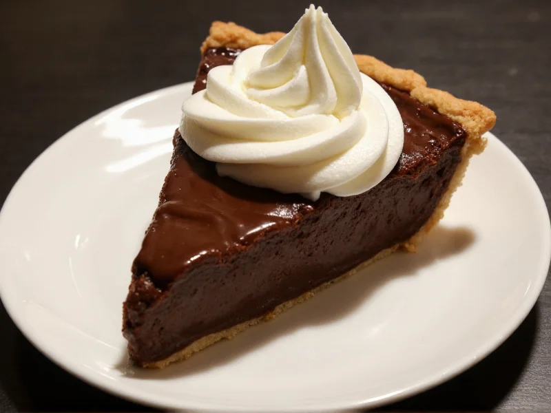 Homemade chocolate pie with glossy filling and whipped cream