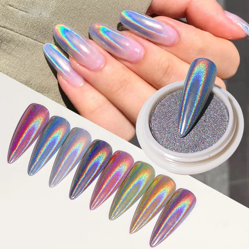 

1 Box Solid Holographic Laser Nail Powder Super Shiny Aurora Nail Glitter Chrome Pigment Dust Mirror Effect Nail Art Decorations, Silver