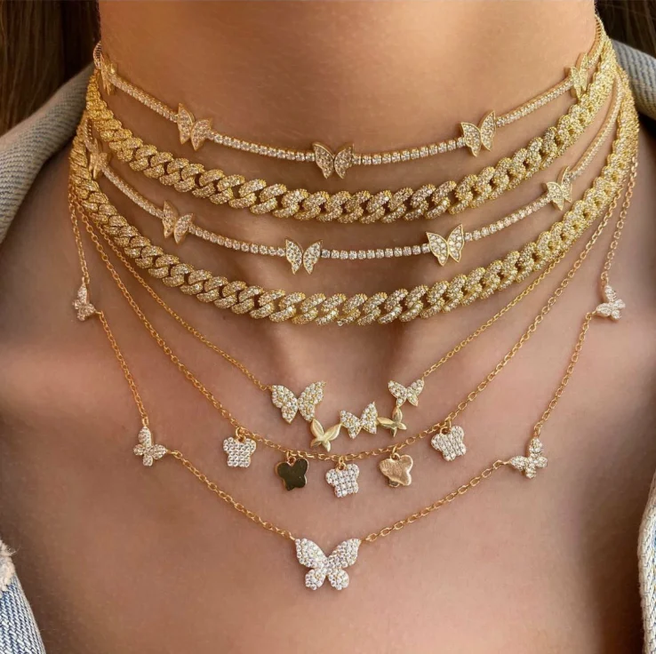 

2021 Hot Sale 18K Real Gold Plated Jewelry Cuban Link Chain Necklace Luxury Layered Zircon Butterfly Necklace For Women