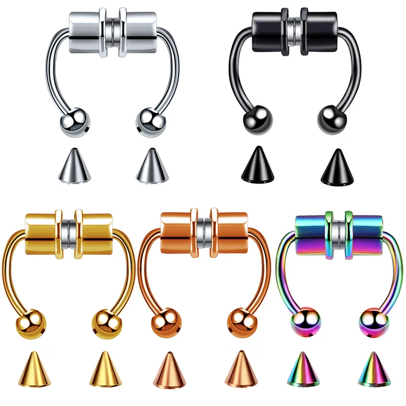 

2021 Amazon Hot Punk 316l Stainless Steel Horseshoe Ring Stud Magnetic Fake Face Non Piercing Woman Sexy Nose Rings Jewelry, Color plated as shown