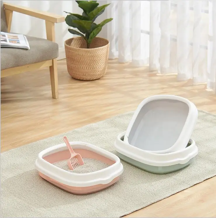 

ready to ship low moq semi-enclosed cat litter box with cat sand shovel, Pink, violet,green,blue,can be customized